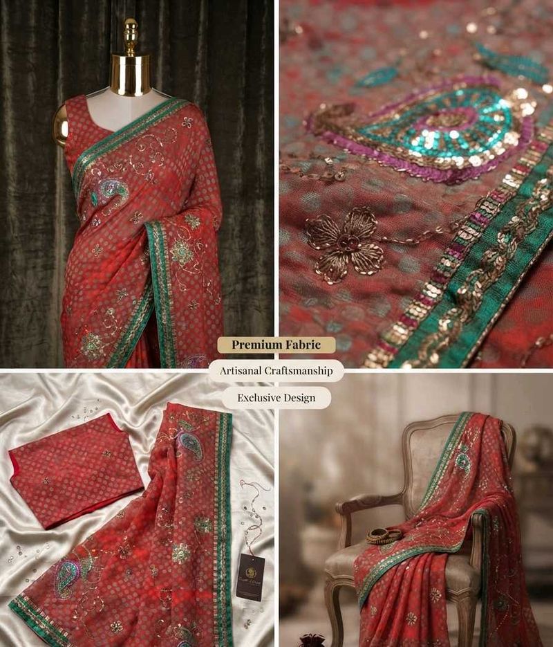 Red Embroidered Saree ( No blause )