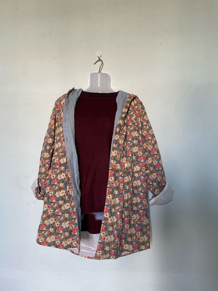 Floral Print Open Front Coat