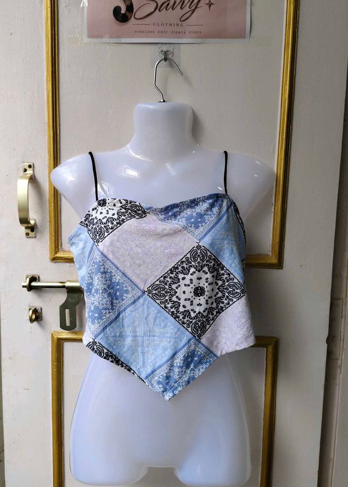 Blue Patchwork Crop Top