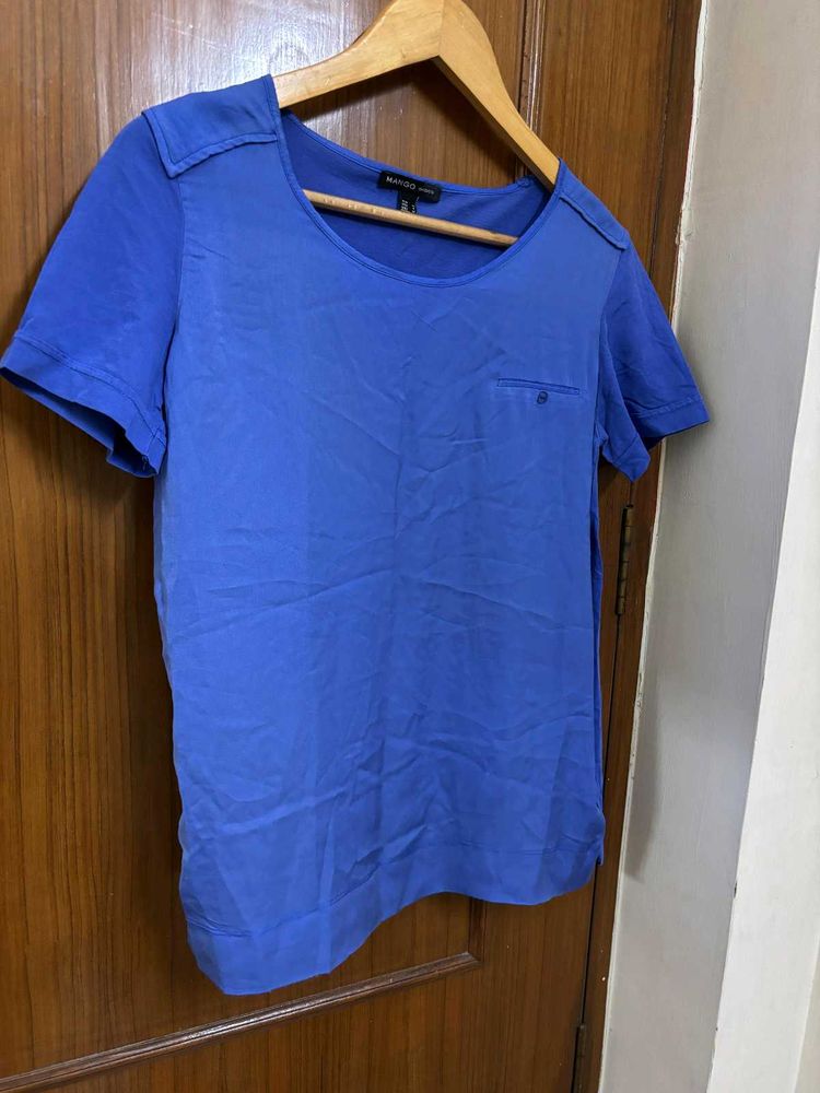 Mango Blue Short Sleeve Tunic Top