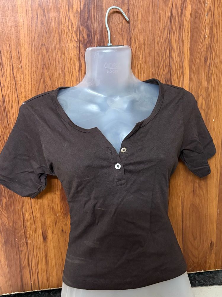 Brown Henley Neck T-Shirt