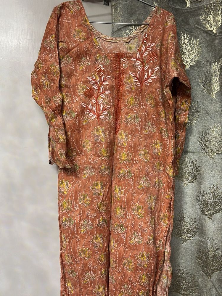 Orange Printed Kurta with Embroidery