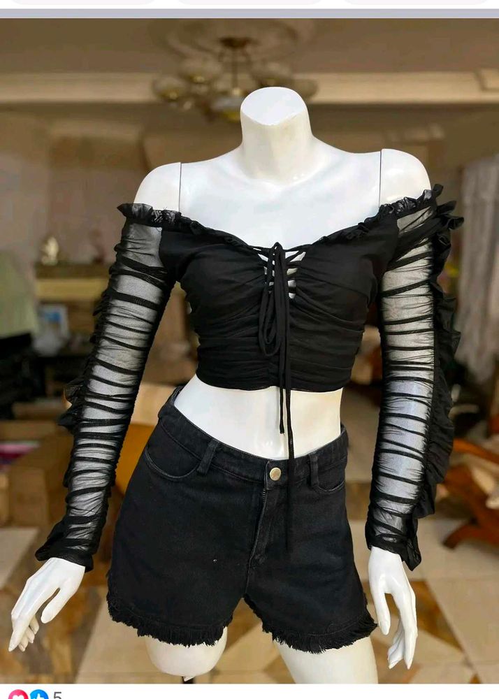 31279. Chic Black Mesh Off-Shoulder Crop Top