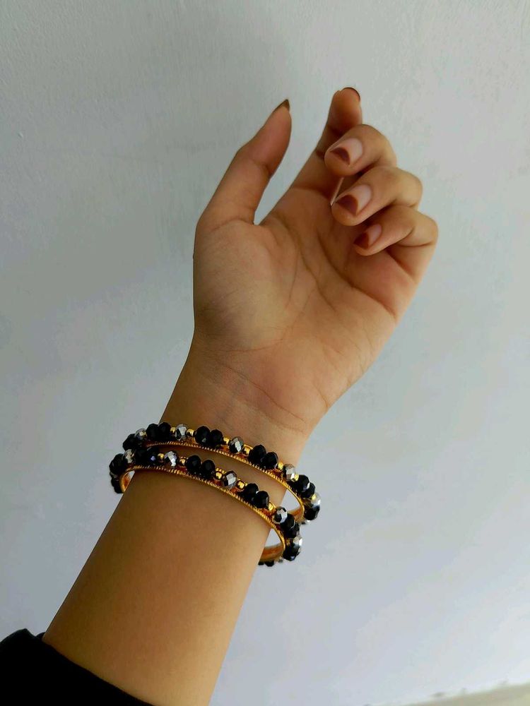 Elegant Black &amp; Silver Beaded Bangles