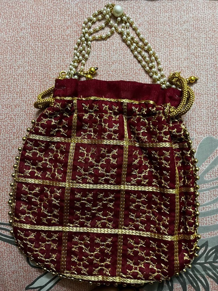 Maroon &amp; Gold Potli Bag