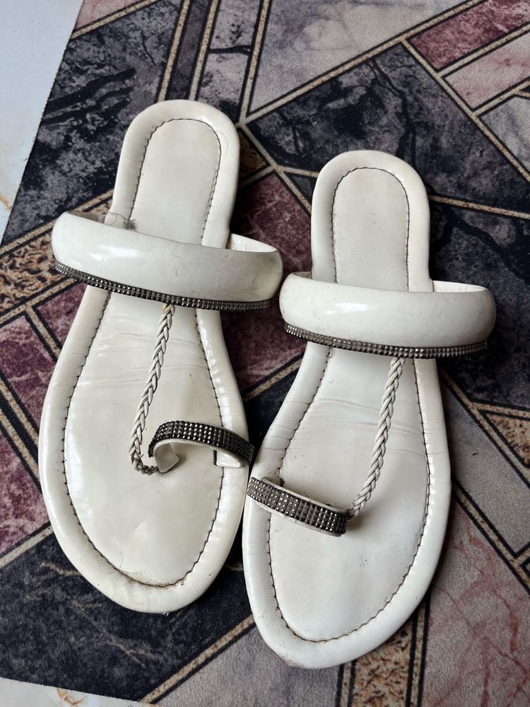 White Embellished Flat Sandals