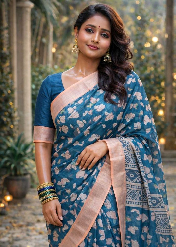 Beautiful Blue Floral Zari border Linen Saree