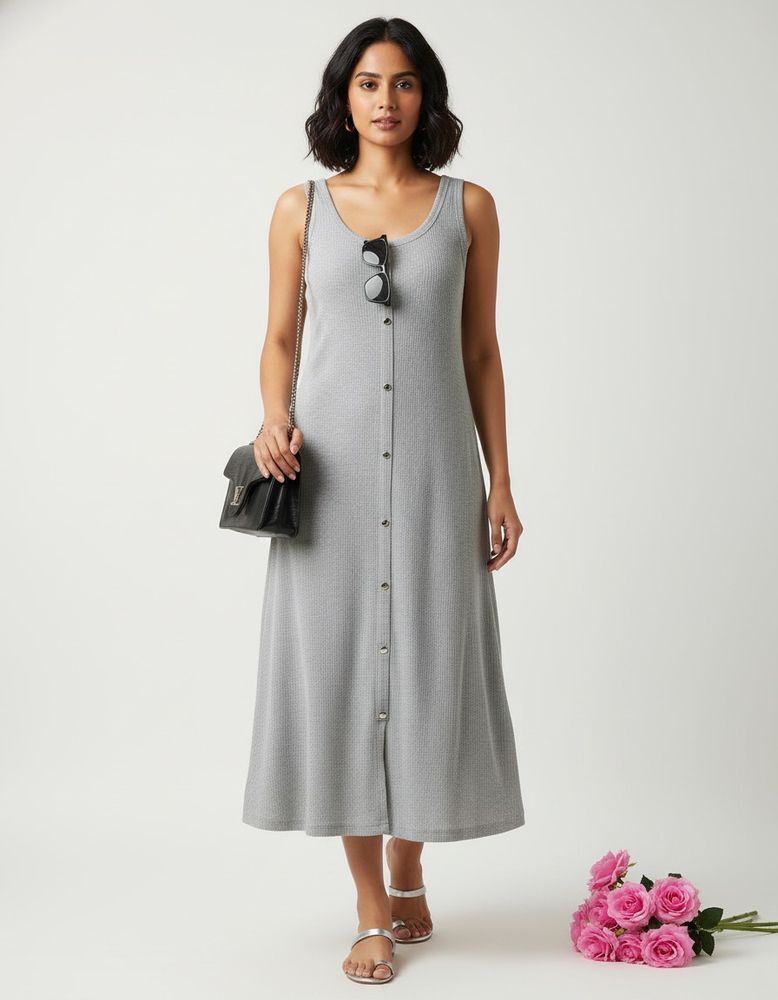 Grey Ribbed Casual Midi Dress | chic style