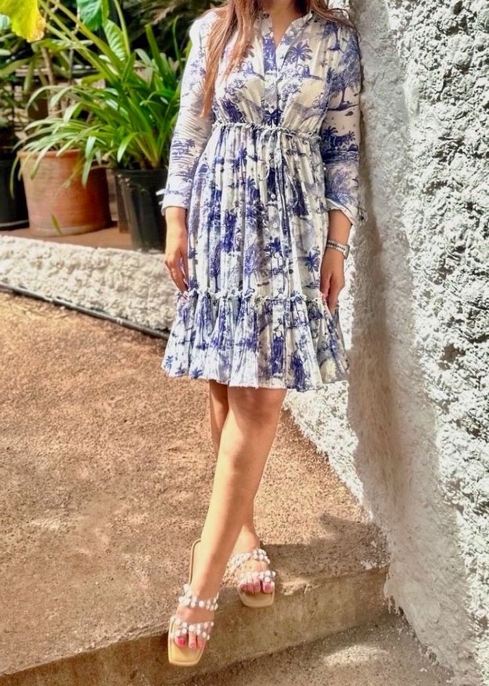 Boho Blue &amp; White Print Midi Dress