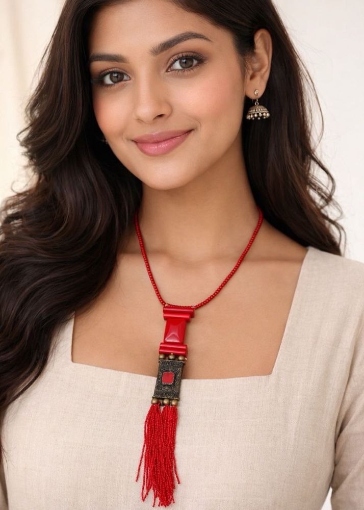 Red Tasseled Statement Necklace