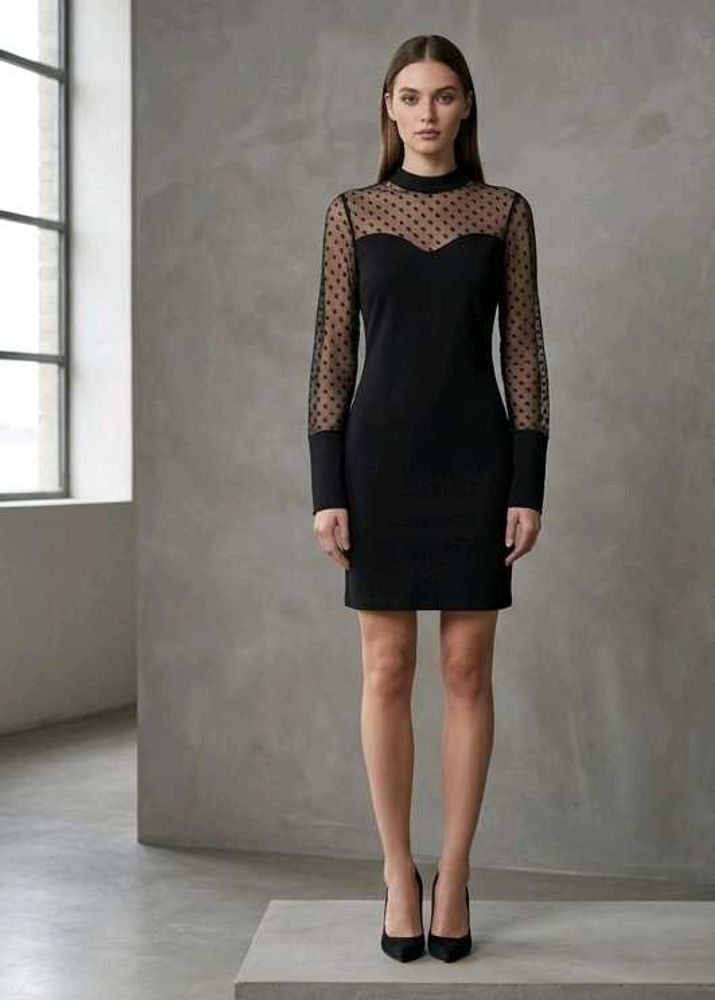 Black long sleeves mesh sheer polka dot bodycon dr