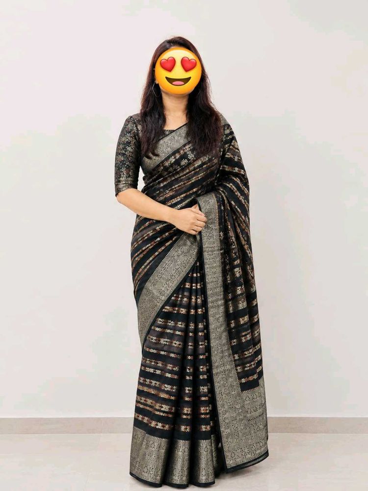 Elegant Black Saree with copper and silver Accents