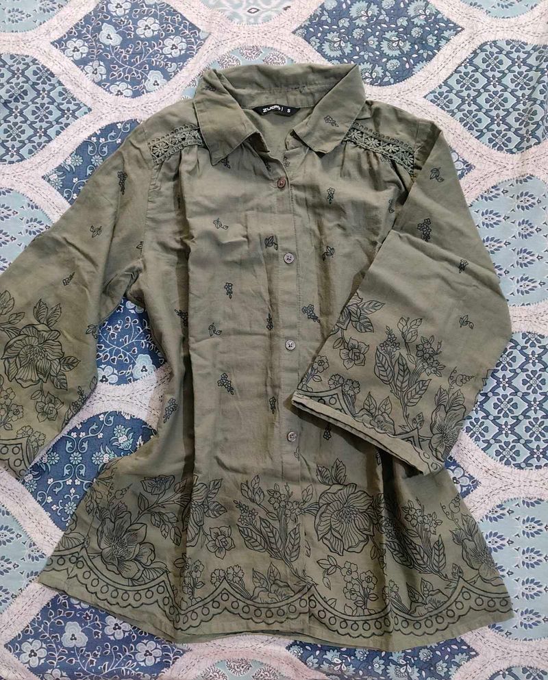 Olive Green Kurta with Floral Print