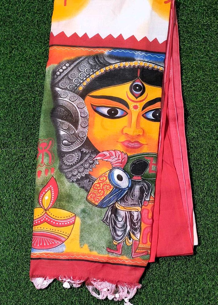 Durga Handloom Saree - White &amp; Red