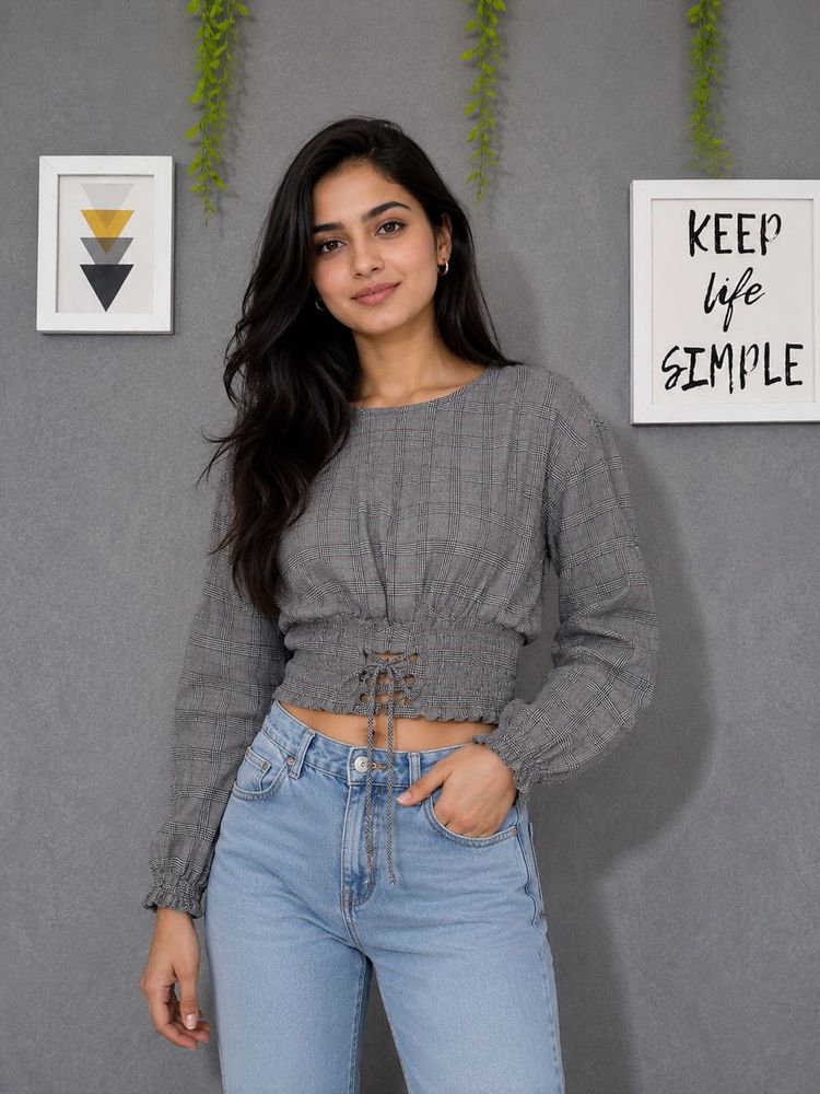 Barshika Gray Plaid Lace-Up Crop Top
