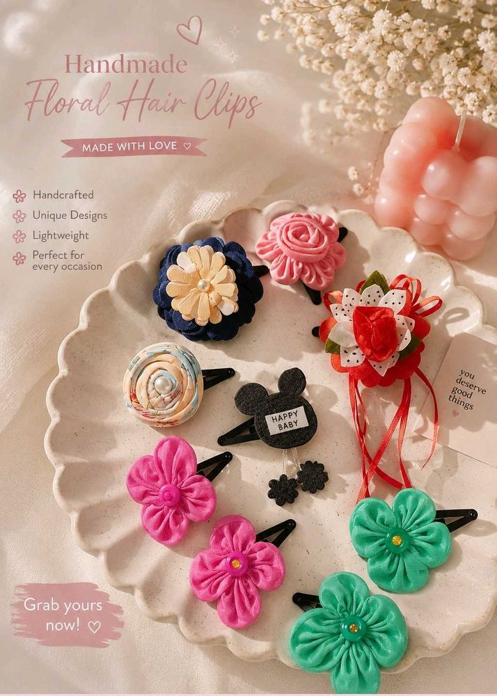 Handmade fabric floral hair clips set of 6
