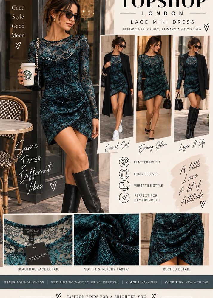 Topshop London Teal Blue Lace Print Bodycon Dress