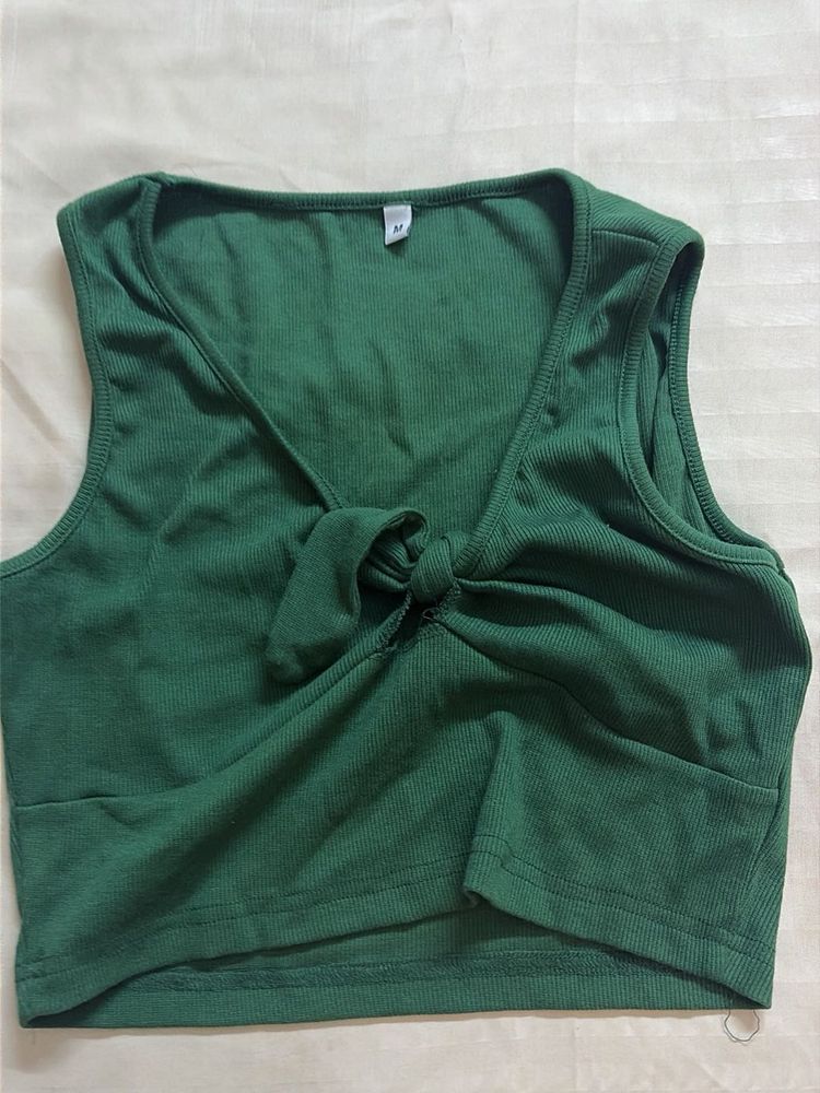 Stylish Green Ribbed Knot Front Crop Top