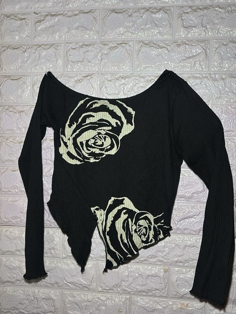 Black Rose Print Long Sleeve Top