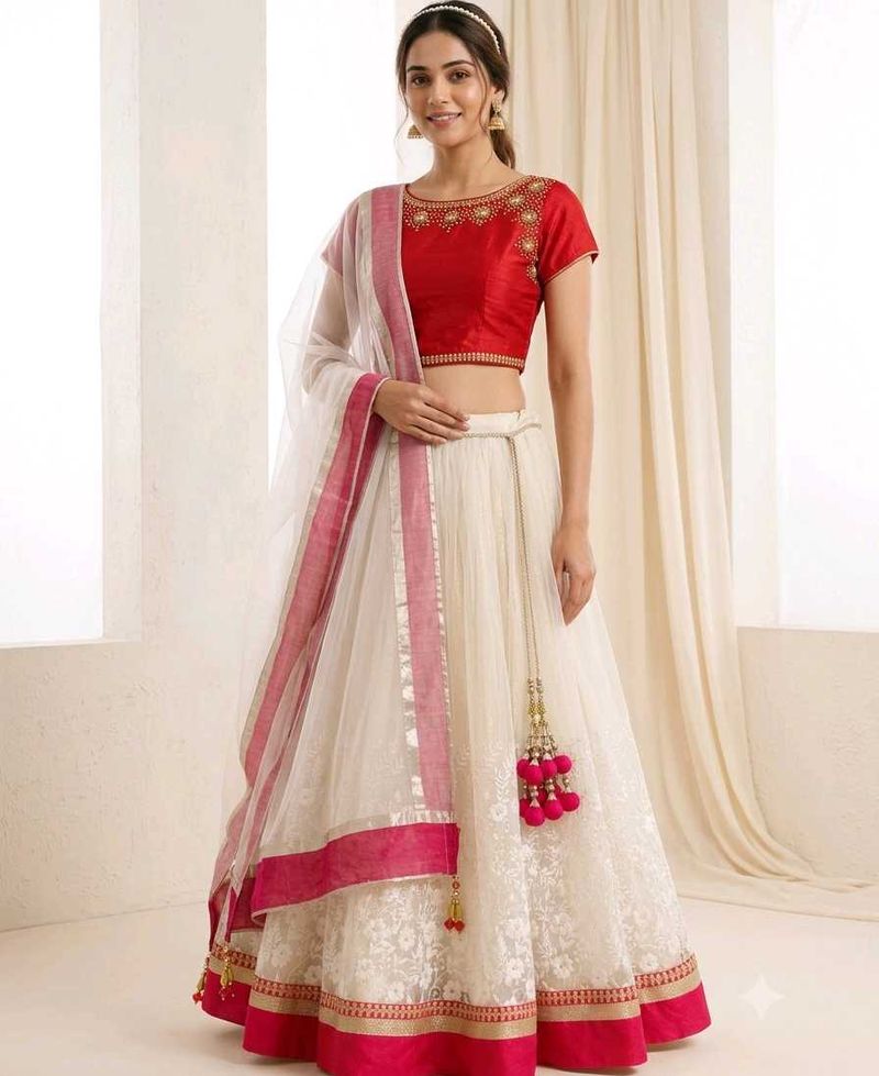 Premium Off White Net Floral Embroidered Lehenga
