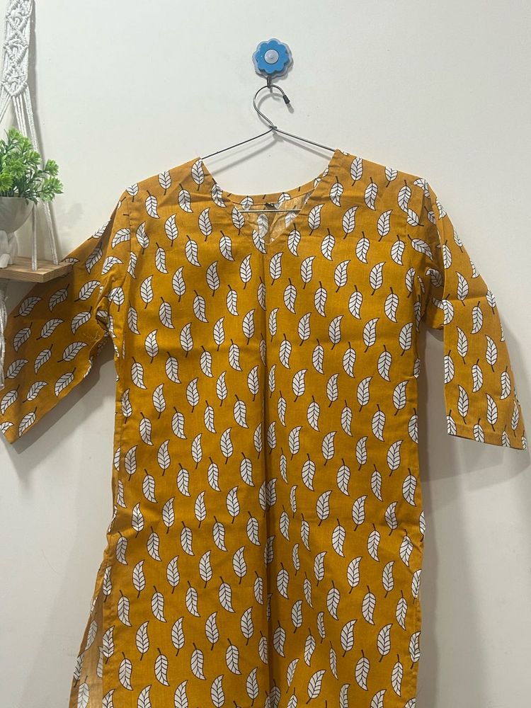 Mustard Yellow Leaf Print Kurta