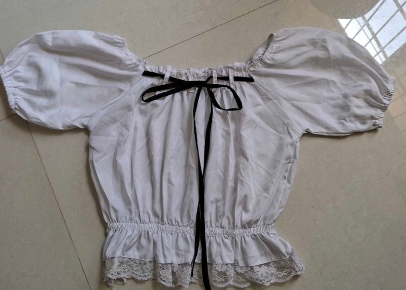 White Puff Sleeve Lace Trim Top
