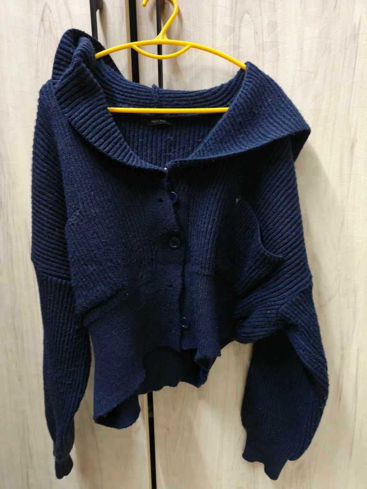 Navy Knit Cardigan with Oversized Collar