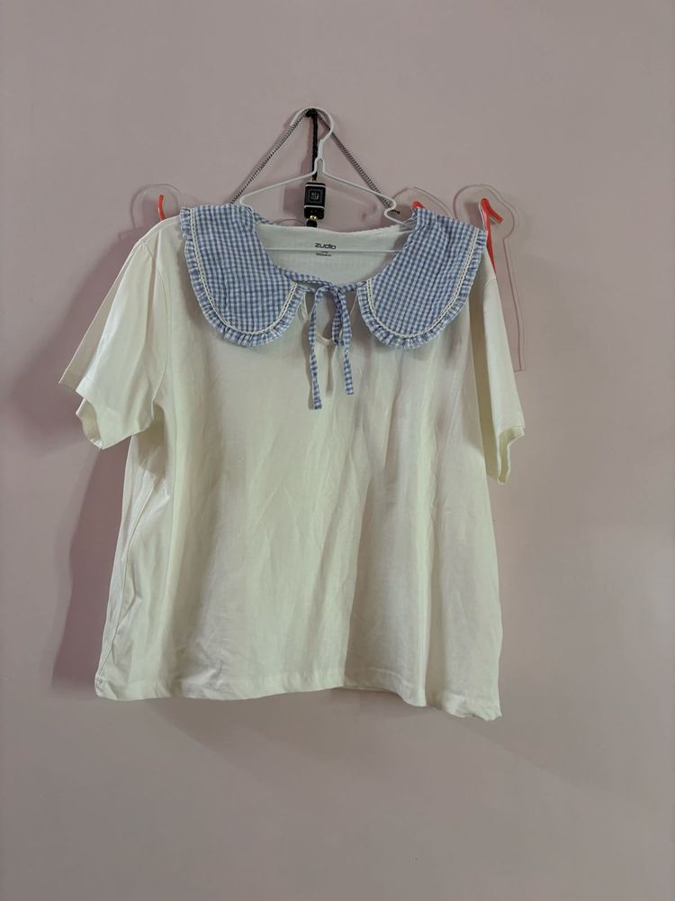 Cute White Top with Blue Gingham Collar
