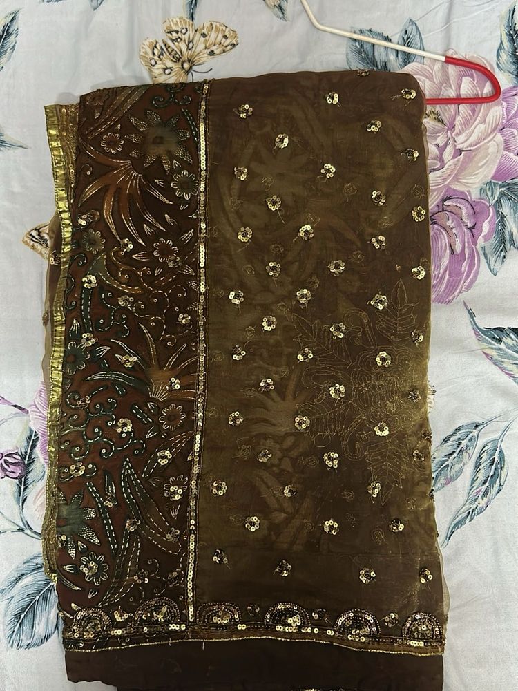 Beautiful Sequined Brown Saree