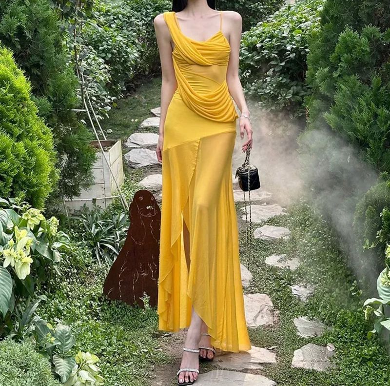 Newme Elegant Yellow Draped Maxi Dress