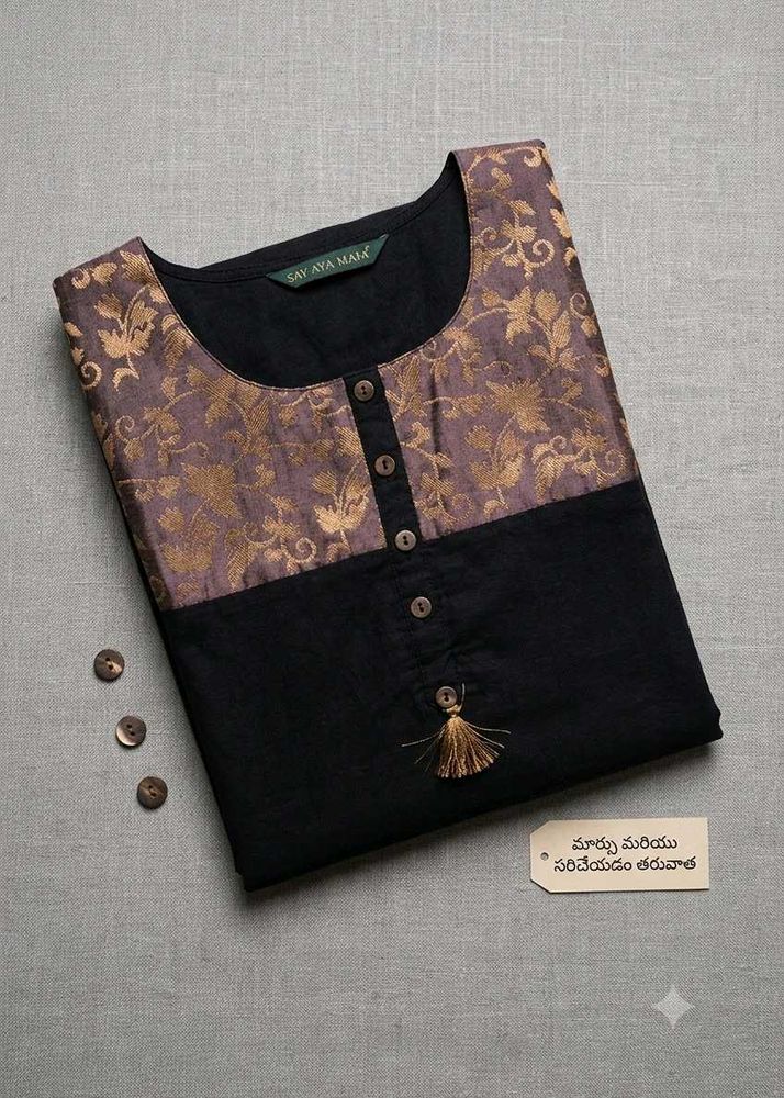 Elegant Black Kurta with Golden Brocade Yoke