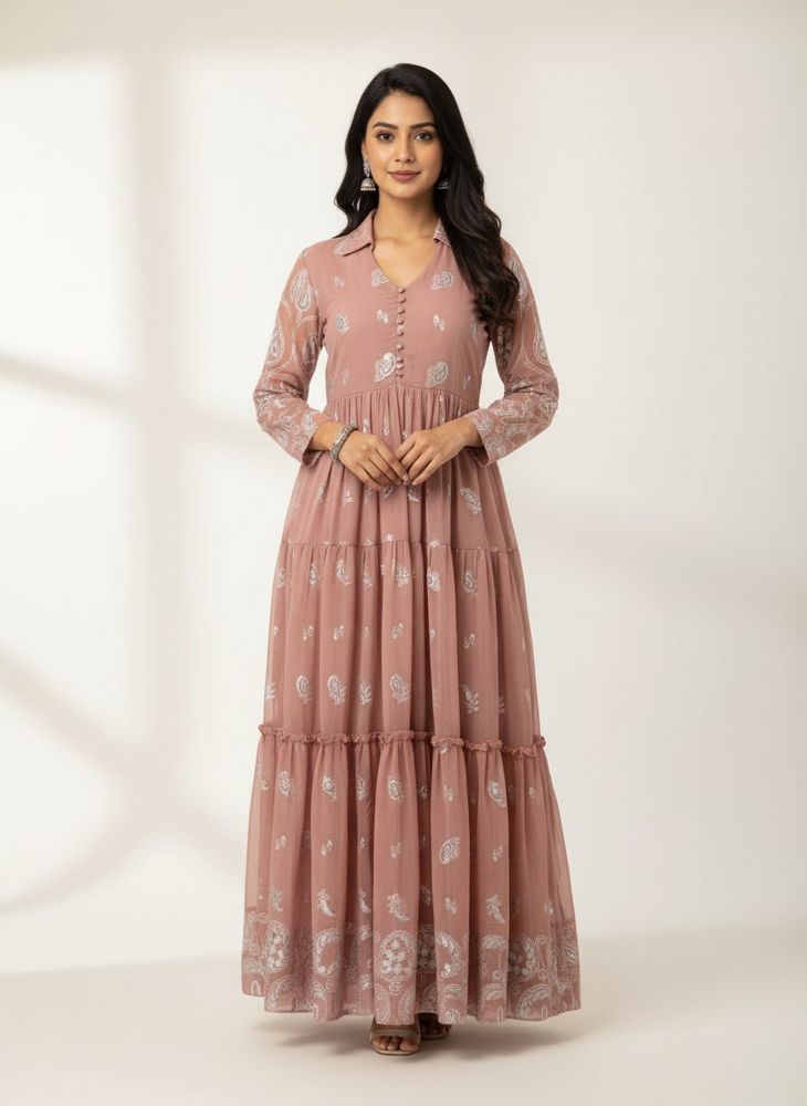 Elegant Paisley Print Tiered Ethnic Gown