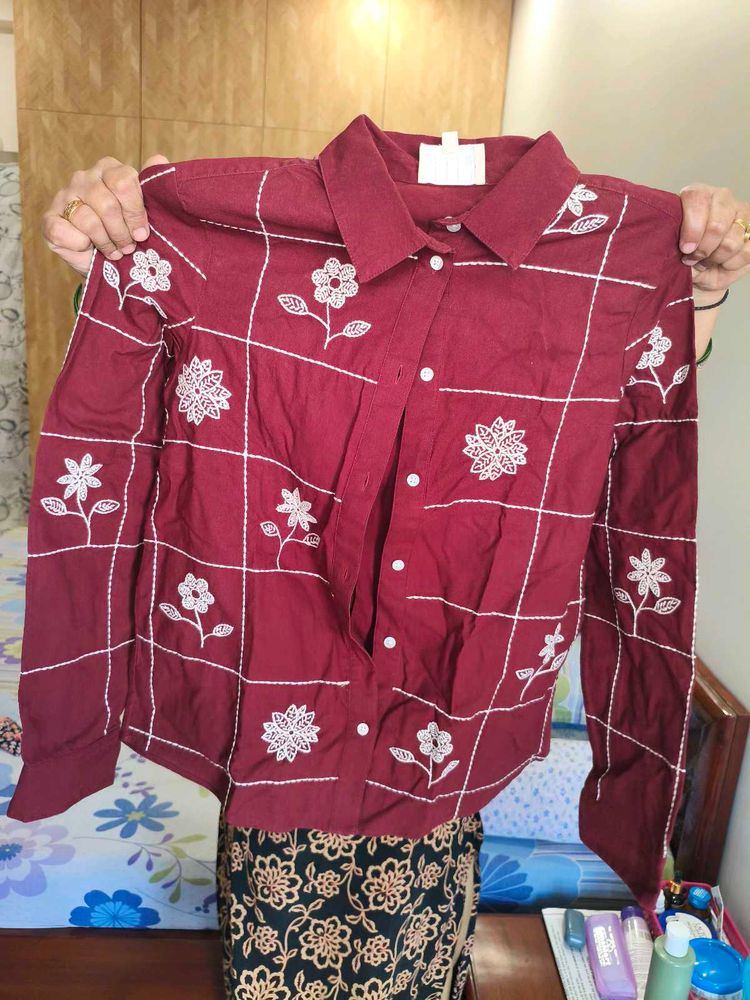 Maroon Embroidered Button-Up Shirt for women