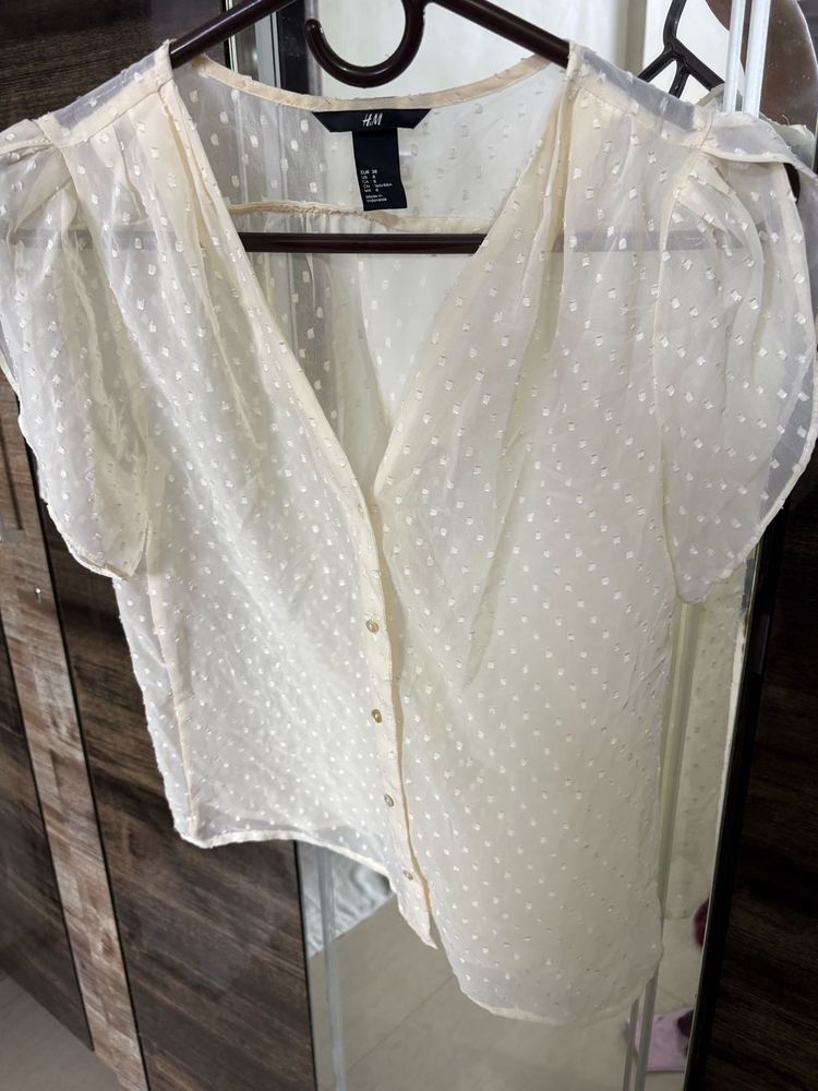 H&amp;M Ivory Dotted Sheer Blouse