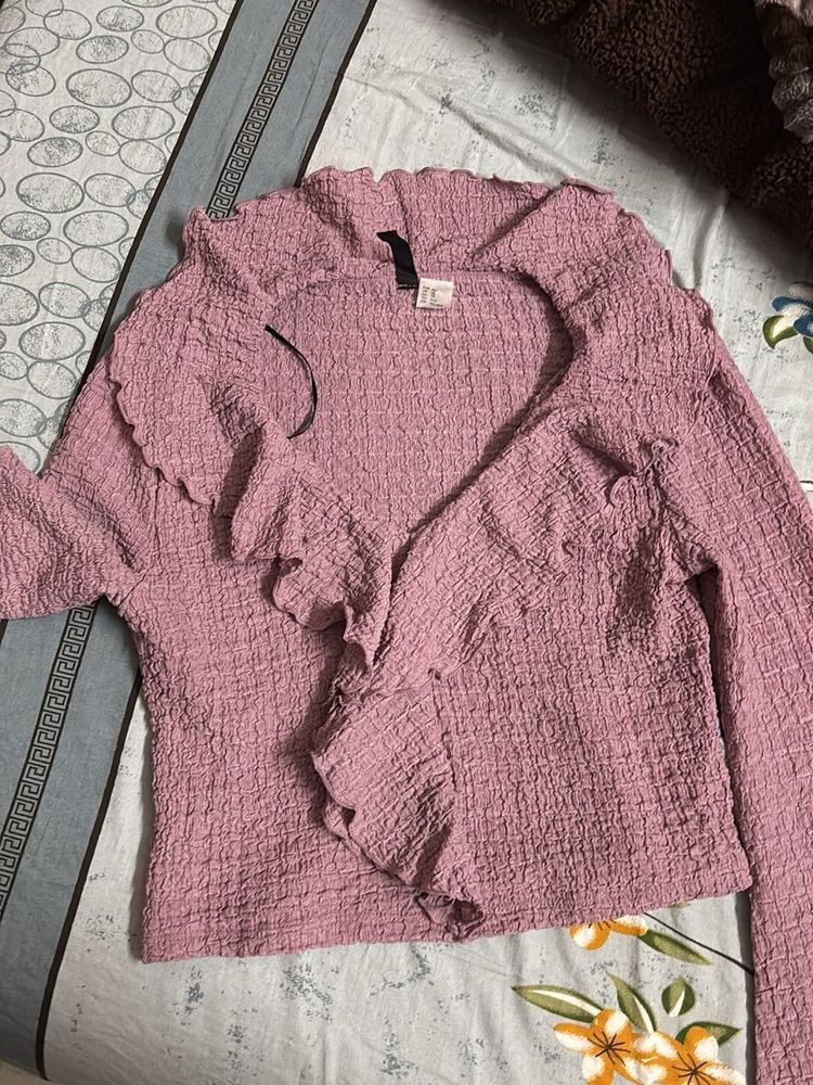 H&amp;M Pink Ruffle Front Top