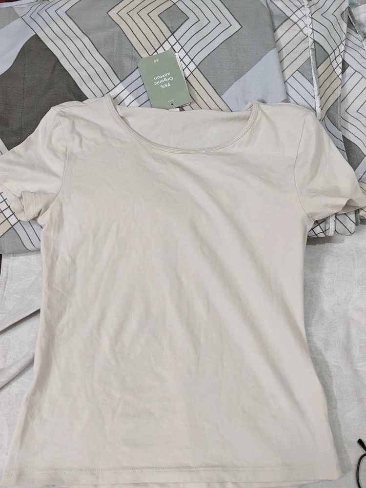 Cream Basic Organic Cotton T-Shirt