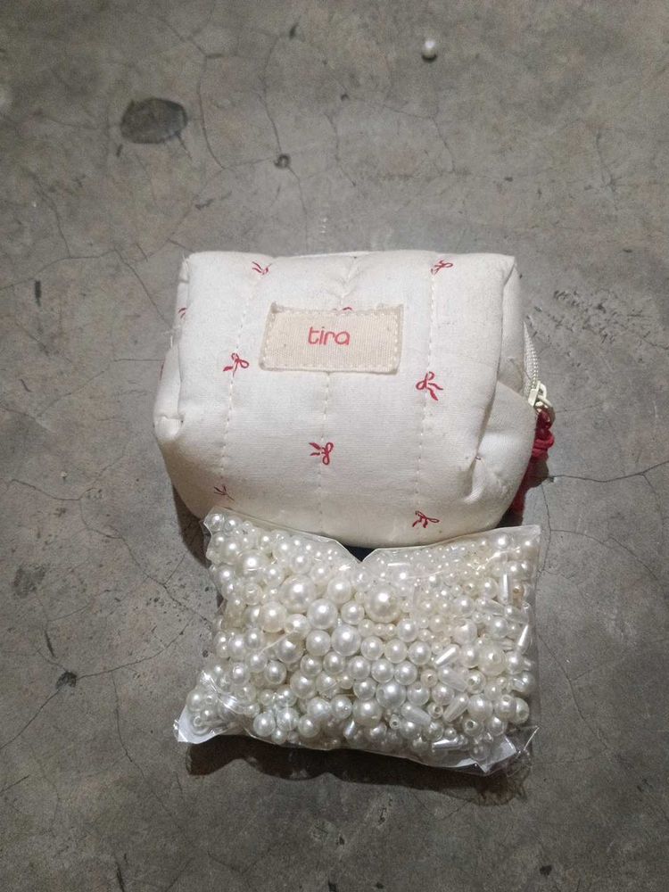 Cute White Cosmetic Pouch with Beads