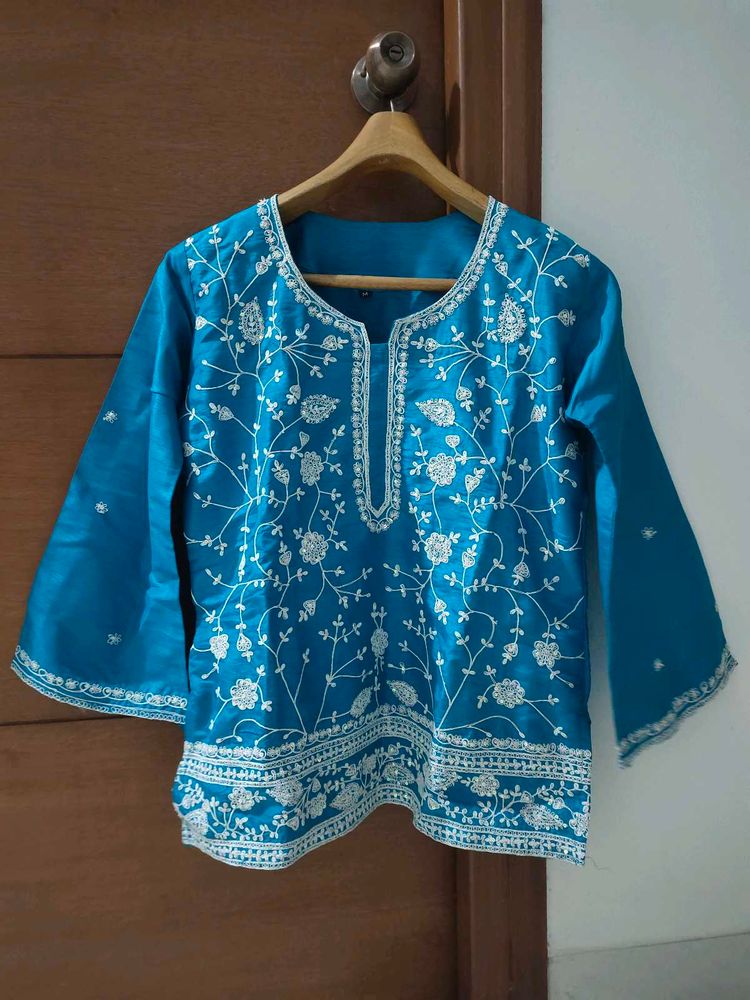 Blue Tussar Silk Kurti with Embroidery 💙