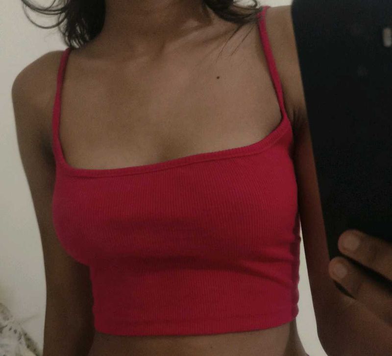 Red Ribbed Spaghetti Strap Crop Top