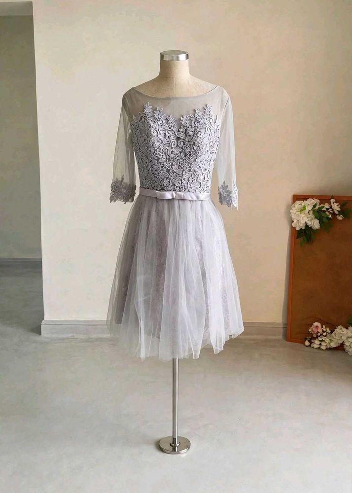 Elegant Grey Lace Tulle Dress