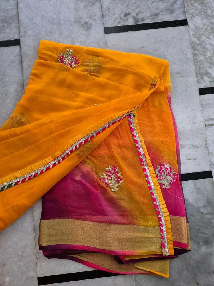 Vibrant Yellow &amp; Pink Embroidered Saree
