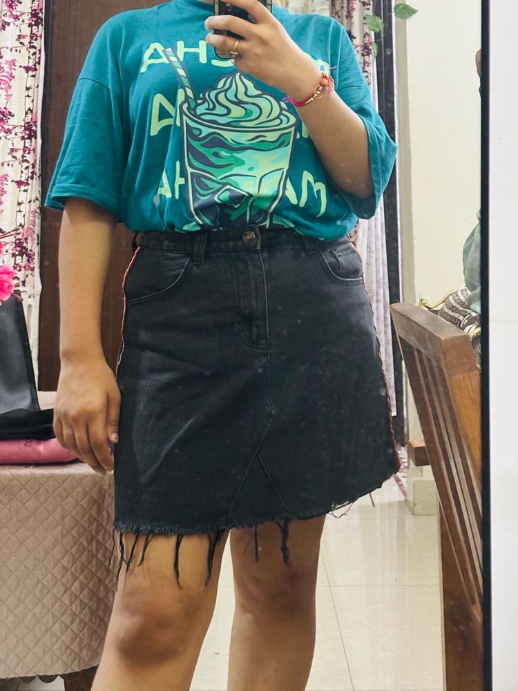 Black Denim Mini Skirt with Stripe Detail