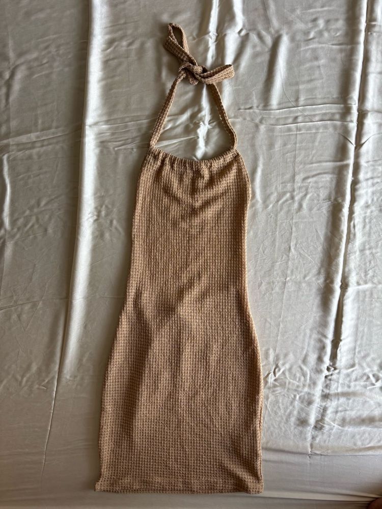 Nude Ribbed Halter Neck Dress