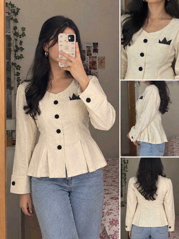Cream Peplum Blouse with Black Buttons