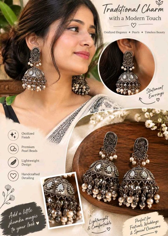 Oxidized Jhumka Earrings with Pearls