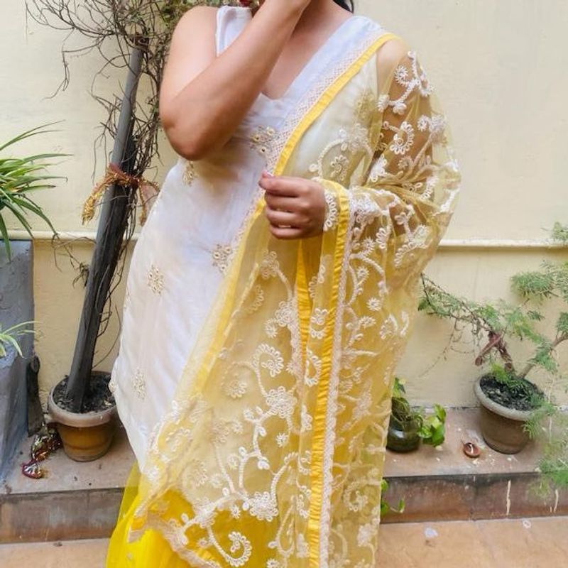 White &amp; Yellow Kurta Set without dupatta