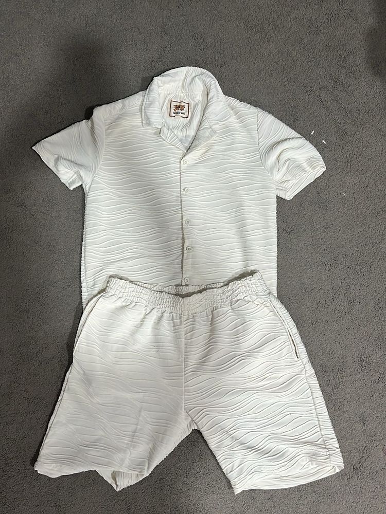 Men's White Textured Short Set