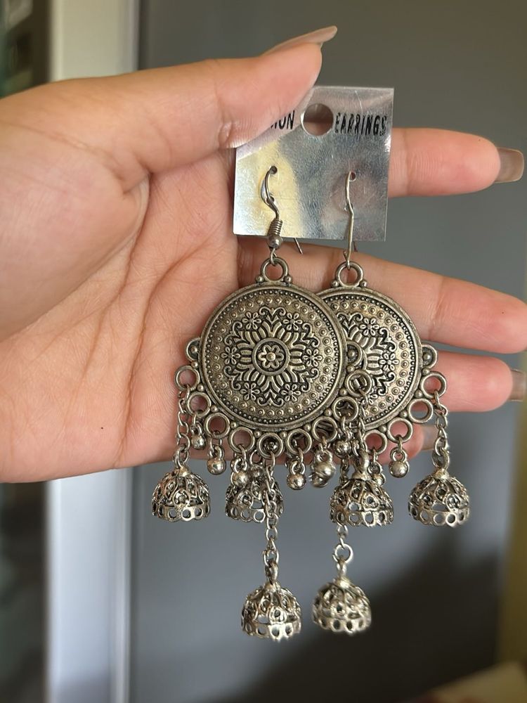 Oxidized Silver Jhumka Earrings