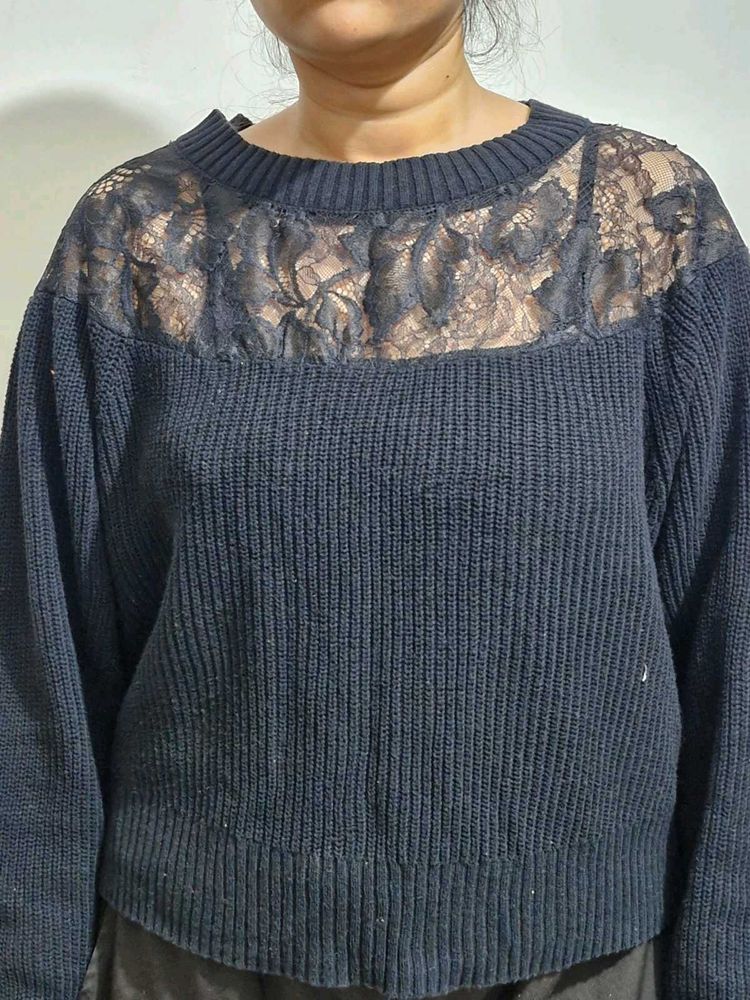 Black Lace Detail Knit Sweater