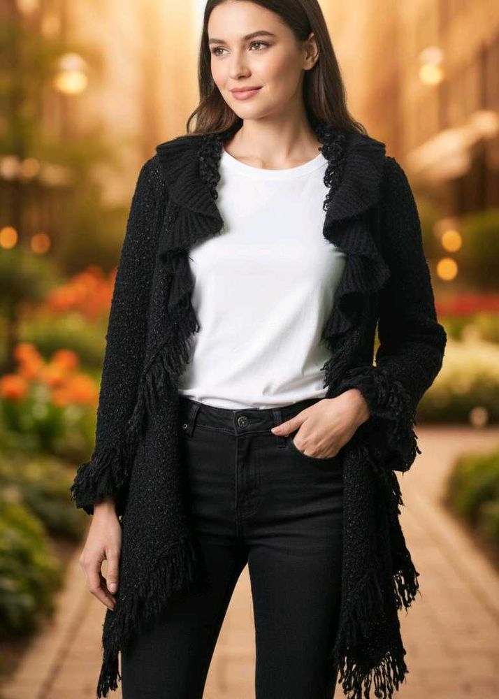 Elegant Black Fringe Cardigan